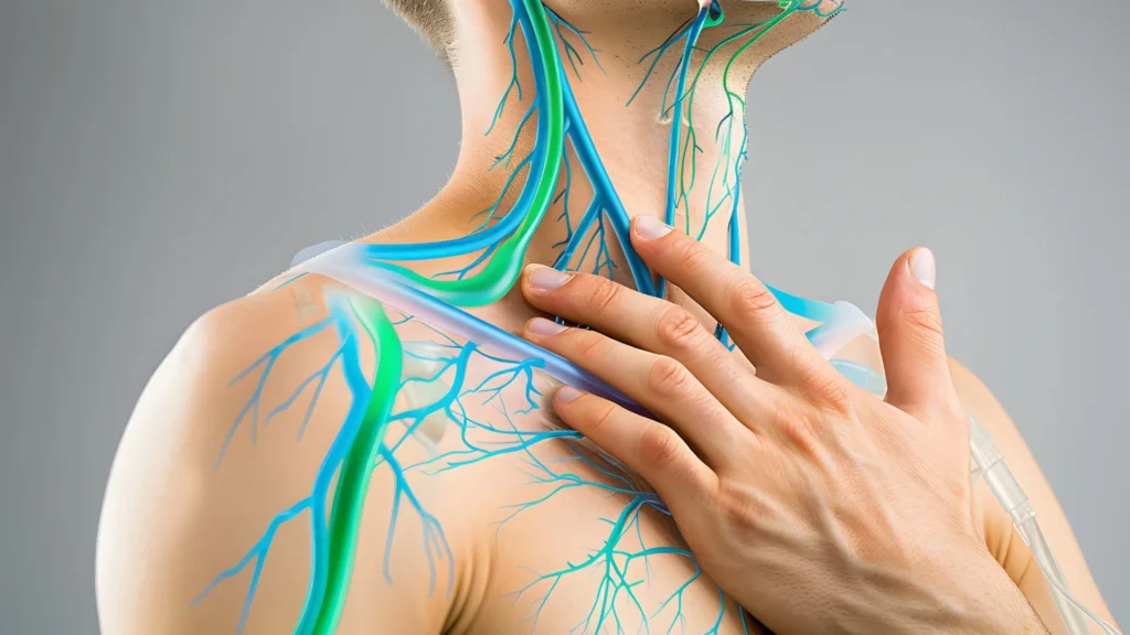 Primer plano del cuello y el pecho de una persona con ilustraciones médicas de venas y arterias en azul y verde superpuestas, mientras una mano toca la zona de la clavícula.